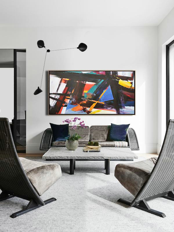 Large Abstract Art Handmade Painting,Horizontal Palette Knife Contemporary Art Panoramic Canvas Painting,Hand Painted Acrylic Painting,White,Black,Yellow,Blue.etc